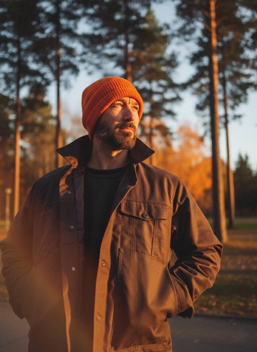 Robert Aaron Norris in Estonian pine forest at golden hour